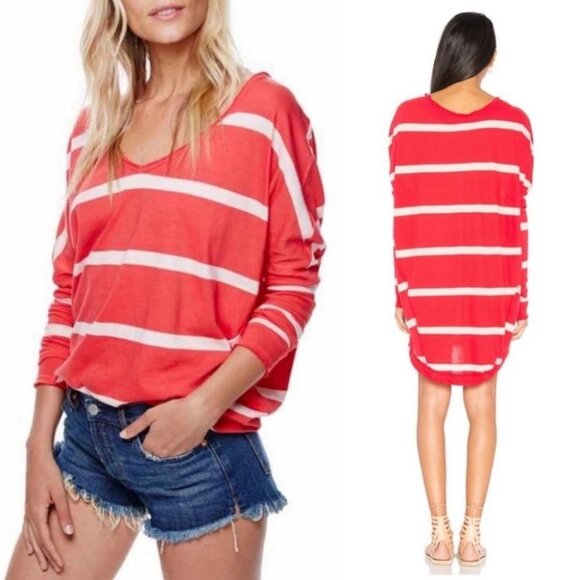 Free People Upstate Red Striped Long‎ Sleeve Top Oversized Boho Size XS Bohemian - Picture 16 of 16